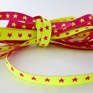 1 m ribbon with stars, neon yellow and pink, 7 mm wide