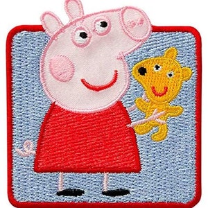 Könnte beinhalten: Ein rosa Schweinchen-Cartoon-Charakter mit drei Augen und einem roten Kleid hält einen gelben Cartoon-Charakter mit drei Augen. Die Figuren befinden sich auf einem blauen Hintergrund mit einem roten Rand.