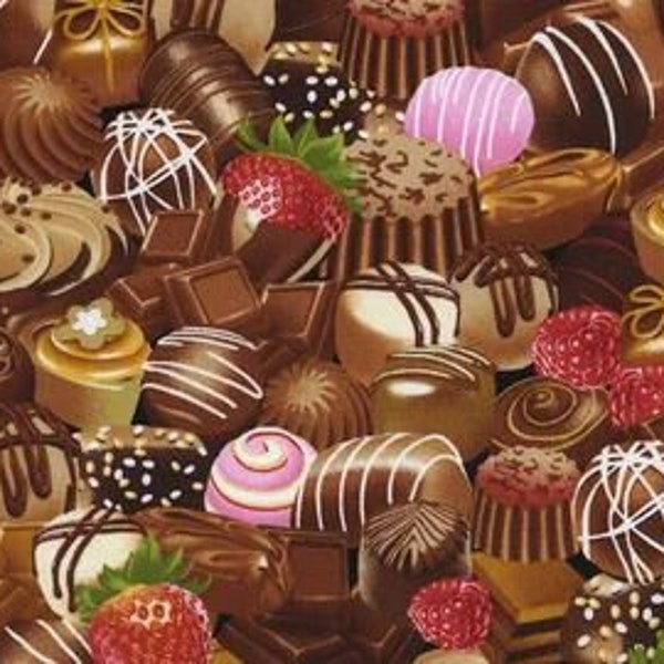 Tissu coton - pralines, chocolat, fraises, bonbons, chocolatier, pâtisserie, confiserie chocolats, tissu coton, 0,50 m