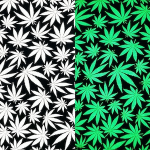 May include: A split-screen fabric pattern featuring a black background with white cannabis leaf prints on the left side and a black background with bright neon green cannabis leaf prints on the right side, arranged in a repeating, dense design.