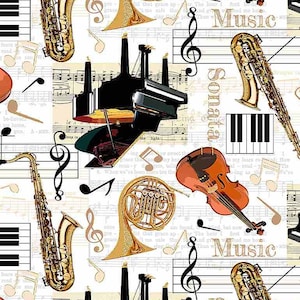 Może przedstawiać: Białe tło z nutami, fortepianem, saksofonem, skrzypcami i rogiem francuskim. Na obrazie widnieje tekst "Muzyka" i "Sonata".