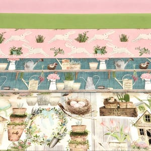 May include: A decorative image with a garden theme, featuring shelves, watering cans, and flower pots. The top section has a pink background with white rabbits. The middle section has shelves with gardening tools and flowers. The bottom section has a wooden fence.