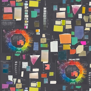Può includere: Uno sfondo nero con una ruota di acquerello colorata al centro. La ruota è circondata da vari pezzi di carta colorata e note scritte a mano. Le note includono nomi di colori, come "cielo", "orchidea", "blu navy" e "carbone".