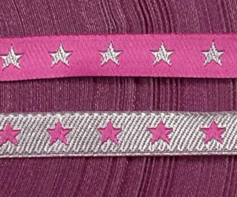 1 m woven ribbon with star, pink-silver, width 7 mm image 1