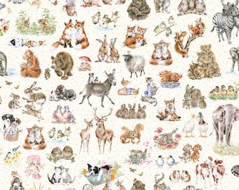Op de afbeelding: Een stof met een herhalend patroon met aquarelillustraties van diverse dieren, waaronder vossen, konijnen, beren, olifanten, zebra's, herten en honden op een crèmekleurige achtergrond met kleine bruine spikkels over het hele ontwerp.