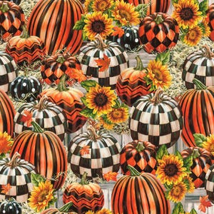 Può includere: Un vivace motivo a tema autunnale con una varietà di zucche e girasoli. Le zucche sono dipinte a strisce arancioni e nere, motivi a scacchi e pois. I girasoli gialli e le foglie autunnali aggiungono al design festoso.