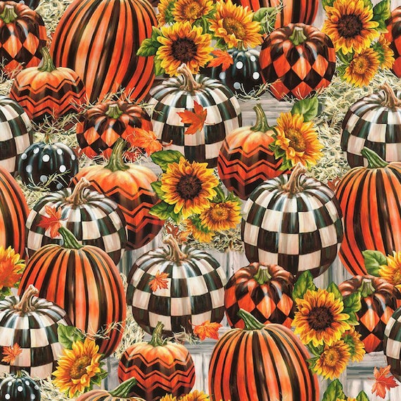 Autumn Cotton Fabric – Pumpkins Sunflowers, Harvest Patchwork