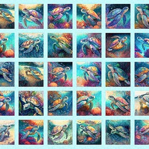 Könnte beinhalten: Ein farbenfroher digitaler Kunstdruck mit einem sich wiederholenden Muster von Meeresschildkröten, die in einem türkisblauen Ozean schwimmen. Die Schildkröten sind in Blautönen, Grün, Orange und Gelb gemalt, mit Korallen- und Algendetails.