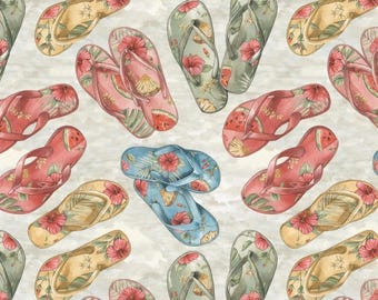 Op de afbeelding: Een herhalend patroon van slippers met diverse tropische ontwerpen, waaronder rode hibiscusbloemen, groene palmbladeren en watermeloenpartjes. De sandalen zijn in verschillende richtingen gerangschikt op een lichte, neutrale achtergrond.