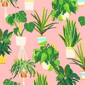 Puede incluir: Un fondo rosa con un patrón repetitivo de plantas en maceta. Las plantas son de varios estilos y colores, incluyendo verde, blanco y amarillo. Las plantas están en diferentes tipos de macetas, incluyendo macetas colgantes y macetas en el suelo.