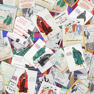Peut inclure: Un ensemble de publicités et de documents promotionnels de mode vintage, avec des illustrations de manteaux et d'ensembles pour femmes. La palette de couleurs comprend le rouge, le vert et le noir, avec le texte "HOFFMAN WOOLENS" et "California Woolens for Spring 1946".