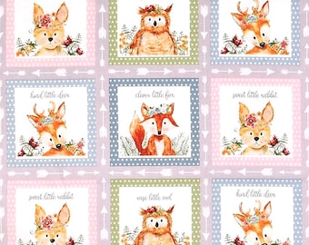 Baumwolle Hase Eule  Fuchs Reh, Panel, 4 komplette Reihen, Waldtiere, Vögel, Blumen, nähen, Patchworkstoff, Stoff