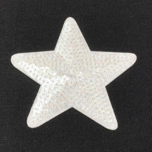 Könnte beinhalten: Eine weiße, glitzernde sternförmige Dekoration vor schwarzem Hintergrund. Der Stern hat fünf Zacken und eine strukturierte Oberfläche, die das Licht reflektiert. Dieses Dekorationselement kann für Bastelarbeiten oder Feiertagsdekorationen verwendet werden.
