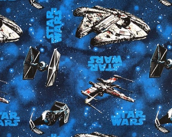 Cotton STAR WARS, May the force be with you, X-Wing Starfighter, Millennium Falcon, Tie Fighter, Interceptor, spaceship, fabric, 0.55 m