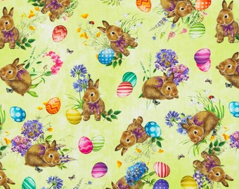 Cotone HAPPY EASTER, coniglietti, uova di Pasqua, orchidee, fiori, cucito, tessuto patchwork, tessuto, 0,50 m