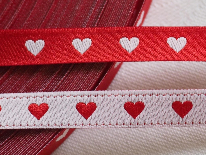 3 m woven ribbon with heart, red and white, 7 mm wide, sew image 1