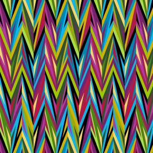 Könnte beinhalten: Abstraktes geometrisches Muster mit einem Chevron-Design in Grün-, Blau-, Lila-, Gelb- und Rottönen auf schwarzem Hintergrund.