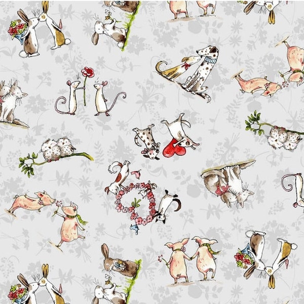 Cotton fabric dogs rabbits cats FROM HEART, mice, owls, birds, pigs, heart, love, grey, sewing, flowers, 0.50 m