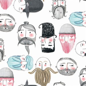 Modello di barba in tessuto di cotone – “Barba o non barba” Volti da barbiere, tessuto patchwork per trapunte, borse, cuscini, 0,5 m