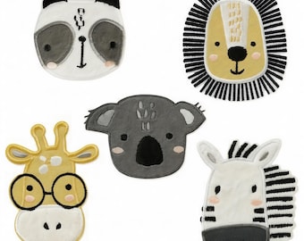 Strykmärken för safaridjur för barn: Giraff, lejon, zebra, panda, koala - Strykmärken för kläder och väskor från Mono Quick