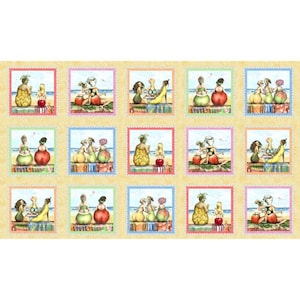 May include: A colorful fabric panel with 12 squares featuring illustrations of women with fruit-shaped bodies sitting on a beach. Each square has a different color border and a different fruit combination.