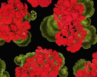 Tela de algodón con flores de geranio rojo, veraniega, para coser, bolsos, cojines, patchwork y decoración - Tesoros atemporales, 0,5 m