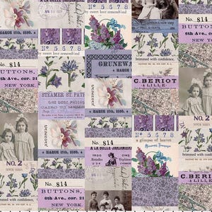 Può includere: Un collage di elementi vintage nei toni lavanda, crema e grigio. Il design incorpora illustrazioni floreali, francobolli, vecchie fotografie e frammenti di testo. Il testo include "No. 814 Buttons, 6th Ave., cor. 21, New York."