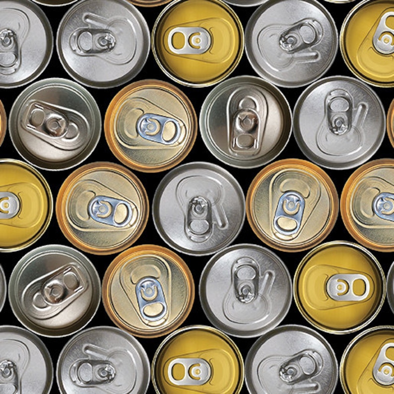 Puede incluir: Una vista cercana de una colecci&oacute;n de latas de bebidas de aluminio con tapas de varios colores. Las tapas son plateadas, doradas y amarillas. Las latas est&aacute;n dispuestas en un patr&oacute;n repetitivo.