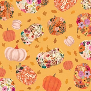 May include: A seamless pattern featuring various pumpkins with floral designs on a yellow background. The pumpkins are in different sizes and shapes, and some have a white background with floral designs.