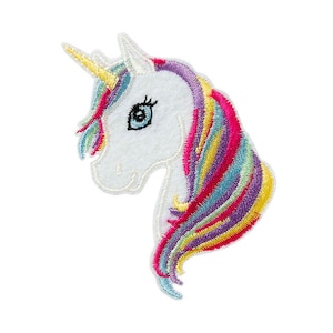 Peut inclure: Écusson de licorne blanche avec une crinière arc-en-ciel et une corne jaune. Le patch présente un motif brodé détaillé avec un œil bleu et des mèches de cheveux colorées dans les tons rose, violet, jaune et bleu.