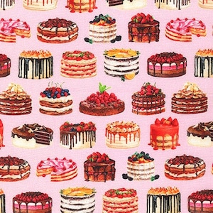Può includere: Uno sfondo rosa con un motivo ripetuto di varie torte e pasticcini. Le torte sono decorate con glassa, codette e frutta.