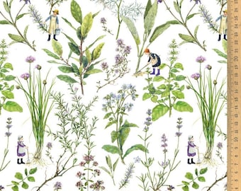 Algodón HIERBAS DE JARDÍN, jardín, lavanda, cebollino, salvia, tomillo, menta, romero, albahaca, hierbas, acufactum, costura, tela, 0,30 m