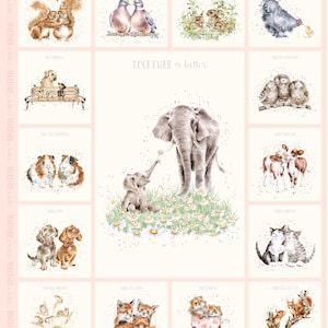 Könnte beinhalten: Ein dekorativer Druck mit einer zentralen Illustration eines erwachsenen Elefanten und eines Kalbes auf einem Gänseblümchenfeld mit dem Text "TOGETHER is better," umgeben von zwölf kleineren Aquarell-Panels, die verschiedene Tierpaare zeigen.