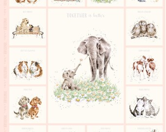 Op de afbeelding: Een decoratieve print met een centrale illustratie van een volwassen olifant en een kalf in een veld met madeliefjes met de tekst "TOGETHER is better," omringd door twaalf kleinere panelen in aquarel-stijl met diverse paren dieren.