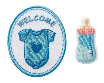 It's a Boy, Welcome Baby , Blau, 2 teilig, Baby, Babyflasche, Strampler, Willkommen Baby, Patch, Bügelbild, Flicken, Bügelbild, Applikation