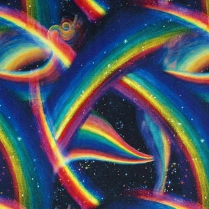 May include: Abstract painting featuring multiple rainbow arcs on a dark blue background with white speckles. The arcs are layered and overlapping, creating a sense of depth and movement.
