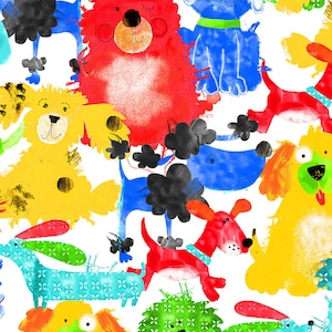 Op de afbeelding: Een levendig patroon met meerdere gestileerde honden in diverse kleuren, waaronder rood, geel, blauw en groen. De honden zijn afgebeeld met uiteenlopende texturen en patronen, zoals stippen en bloemmotieven, op een effen witte achtergrond.