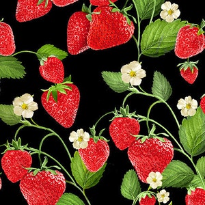 Peut inclure: Un fond noir avec un motif répété de fraises rouges et de fleurs blanches. Les fraises sont disposées dans une variété de positions et de tailles, certaines se chevauchant. Les fleurs sont également disposées dans une variété de positions, certaines se chevauchant avec les fraises.