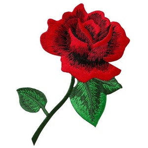 May include: An embroidered red rose with green leaves. The rose is a single bloom with a curled stem and leaves.