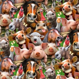 Katoenen stof met boerderijdieren en selfie-design - koe, paard, varken, kip, schaap, gans, patchworkstof per meter voor quilts, tassen, kussens, decoratie, 0,5 m