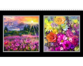Algodón amanecer montaña lago montañas costura, rayos de sol, flores, rosas, hierbas, flores, impresión digital, algodón, telas, 0,59 m
