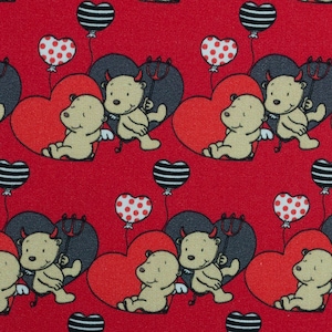 Bawełna anioł diabeł IN LOVE, anioł i diabeł, balon serce, serce, trójząb, miłość, Steinbeck, szycie, tkanina patchworkowa, tkanina, 0,50 m