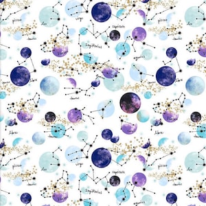 Tissu patchwork en coton, motif constellations, signe du zodiaque, métallisé, soleil, lune, planète, terre, galaxie, étoiles, univers, 0,50 m