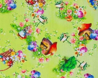 Cotone HAPPY EASTER, cesto pasquale di conigli, casetta per uccelli, fiori, cucito, tessuto patchwork, tessuto, 0,50 m