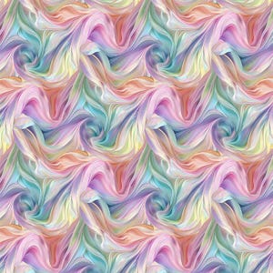 Peut inclure: Un motif sans couture présentant un design abstrait tourbillonnant. Le motif présente un mélange de couleurs pastel, notamment du rose, du bleu, du jaune et de l'orange, créant un effet visuel doux et fluide. Le design ressemble à du tissu ou à des coups de pinceau fluides.