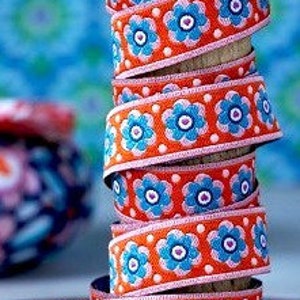 1m, woven ribbon, flowers, orange, blue, width 12mm