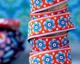 1 m di fettuccia, floreale, arancione, blu, 12 mm di larghezza, cucito, accessori per cucire, forniture per cucire