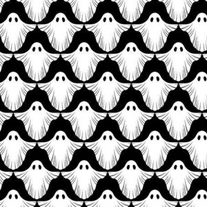 May include: A repeating pattern featuring white ghost figures with black oval eyes and mouths set against a solid black background. The ghosts are arranged in a symmetrical, interlocking grid, each with draped, flowing edges and rounded heads.