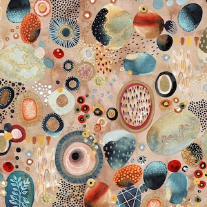 Può includere: Motivo astratto ad acquerello con varie forme organiche nei toni del blu, arancione e marrone. Il design include cerchi, ovali e texture a puntini, creando una superficie visivamente ricca e strutturata. L'estetica generale è artistica e decorativa.