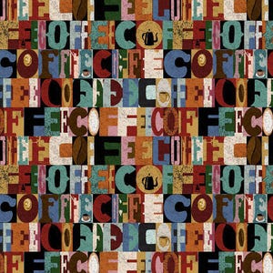 Può includere: Uno schema astratto colorato con la parola "COFFEE" ripetuta ovunque. Lo schema è composto da diversi colori, tra cui rosso, blu, verde, giallo e marrone. Le lettere sono in un carattere grassetto e a blocchi.